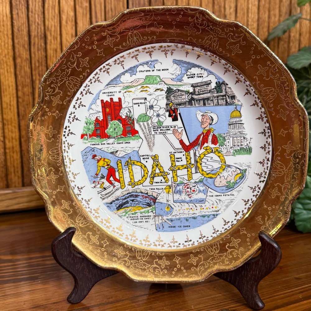 Sabin Idaho State Souvenir Plate 9in Gold Trim Multi Excellent Map Kitsch